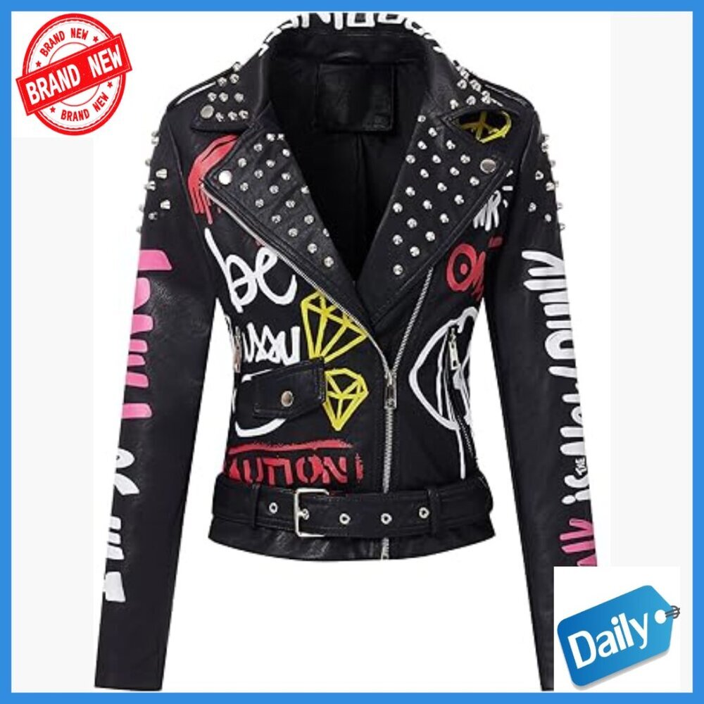 Faux Leather Moto Jacket Studded Rivet Belted Hip-Length Streetwear